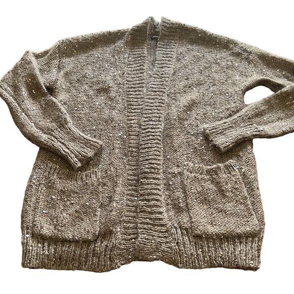 Express Size M Sequin Embellished Taupe Cardigan Sweater Open Front Pockets - Picture 7 of 9